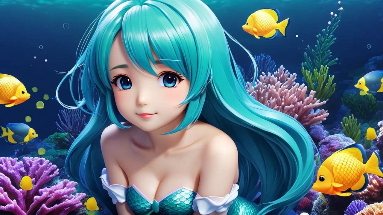 Underwater Scene with Aqua-Blue Haired Mermaid