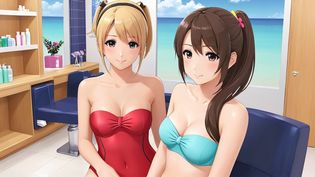Young Women in Salon with Beach Backdrop and Swimsuits