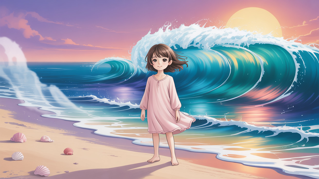Anime-style girl in pink dress on sandy beach