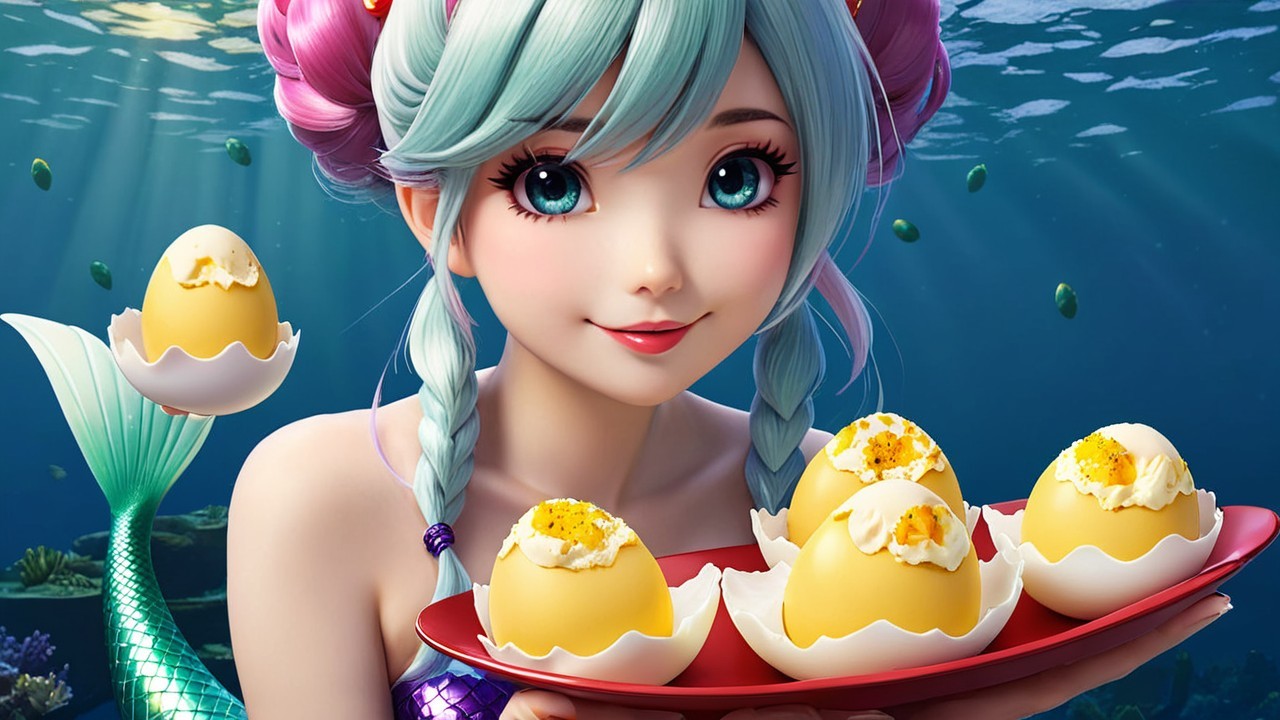 Whimsical Underwater Scene with Mermaid and Eggs