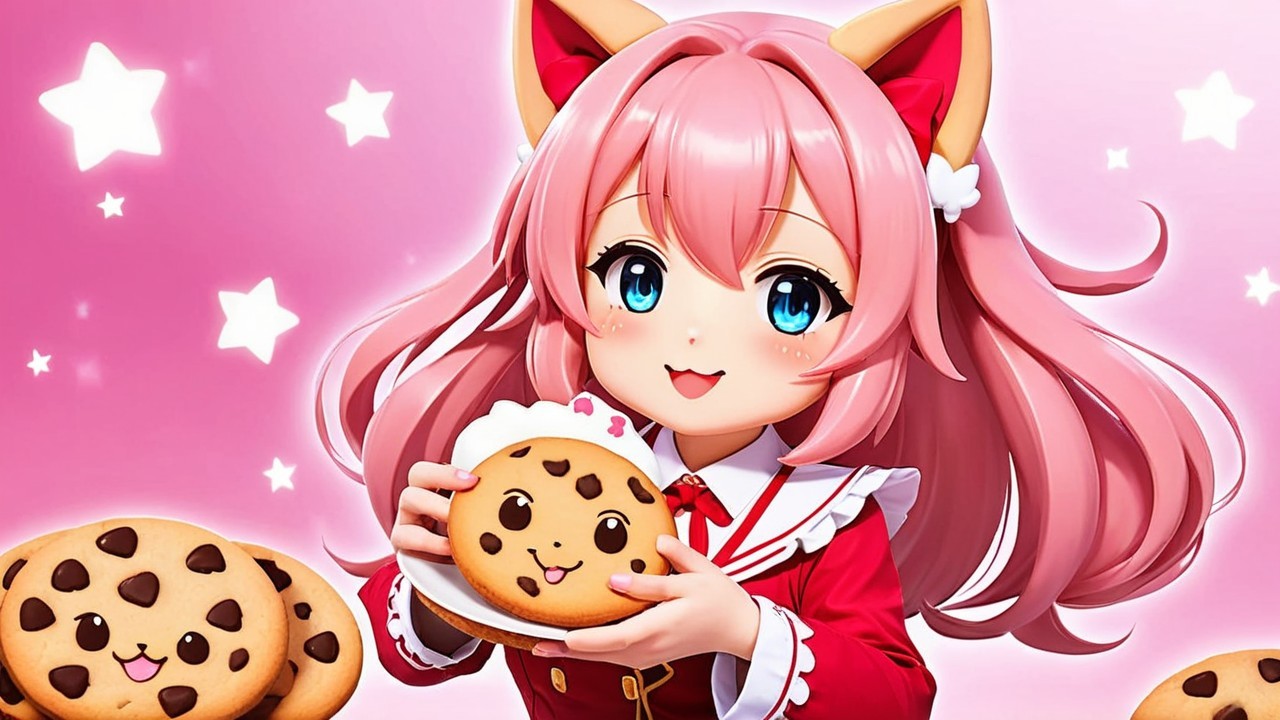 Cheerful anime character with pink hair and cookies