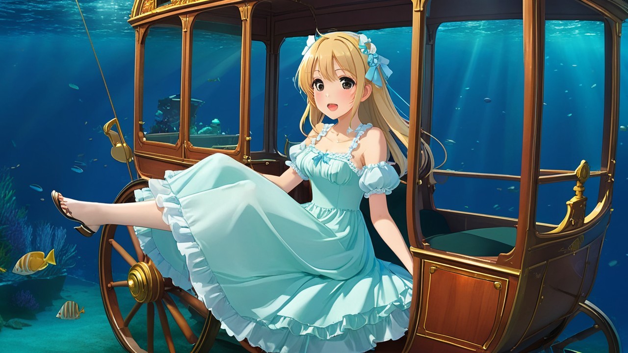 Underwater Scene with Girl in Aqua Dress and Carriage