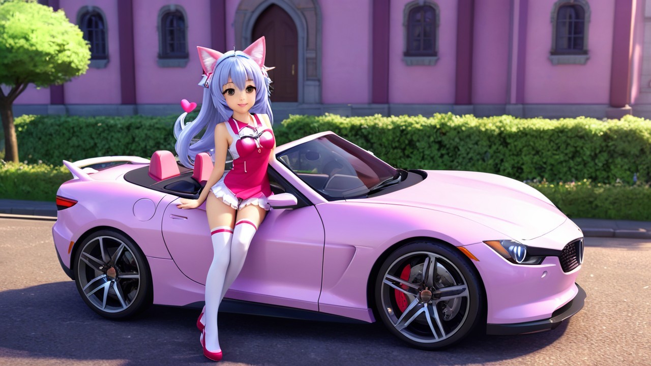 Anime Character with Cat Ears and Pink Sports Car