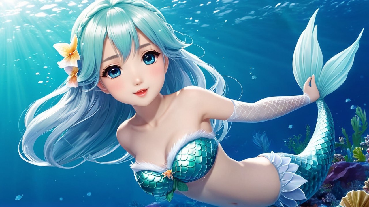 Mermaid with Aqua Hair in Enchanted Underwater Scene