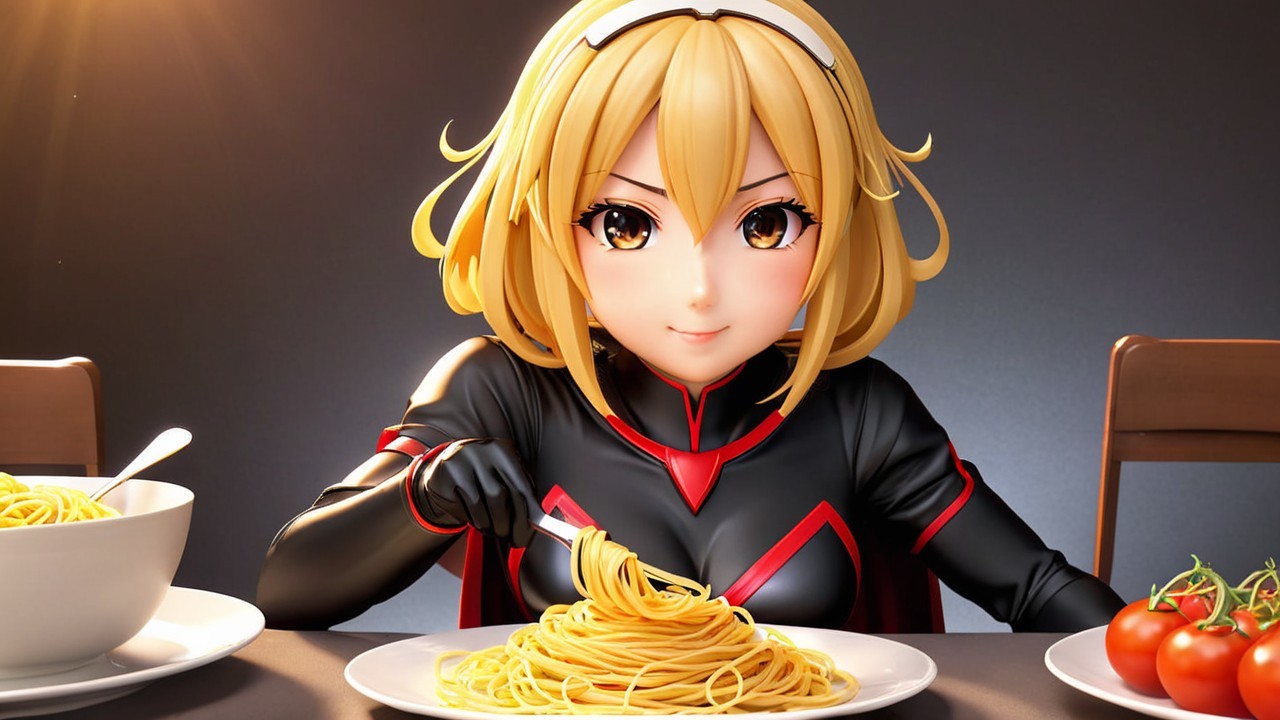 Anime Character Twirling Spaghetti at a Table