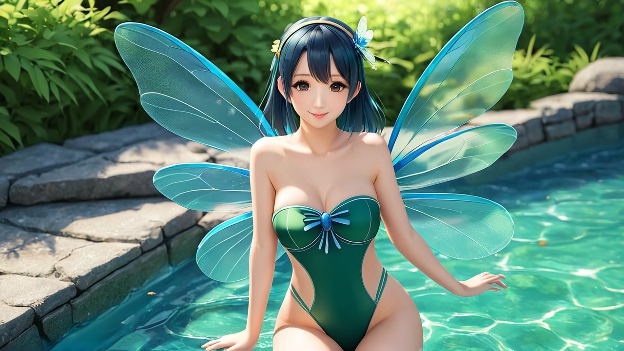 Whimsical Fairy with Blue Wings by a Shimmering Pool