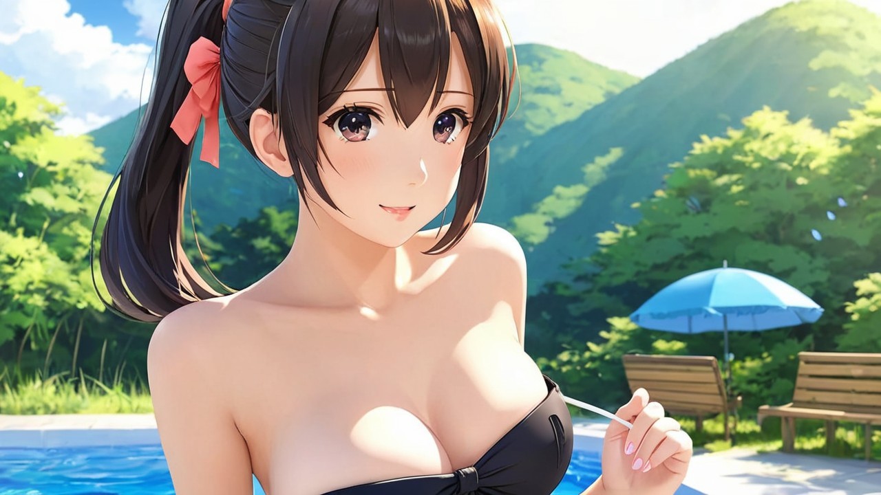 Young woman in black bikini by blue poolside scenery