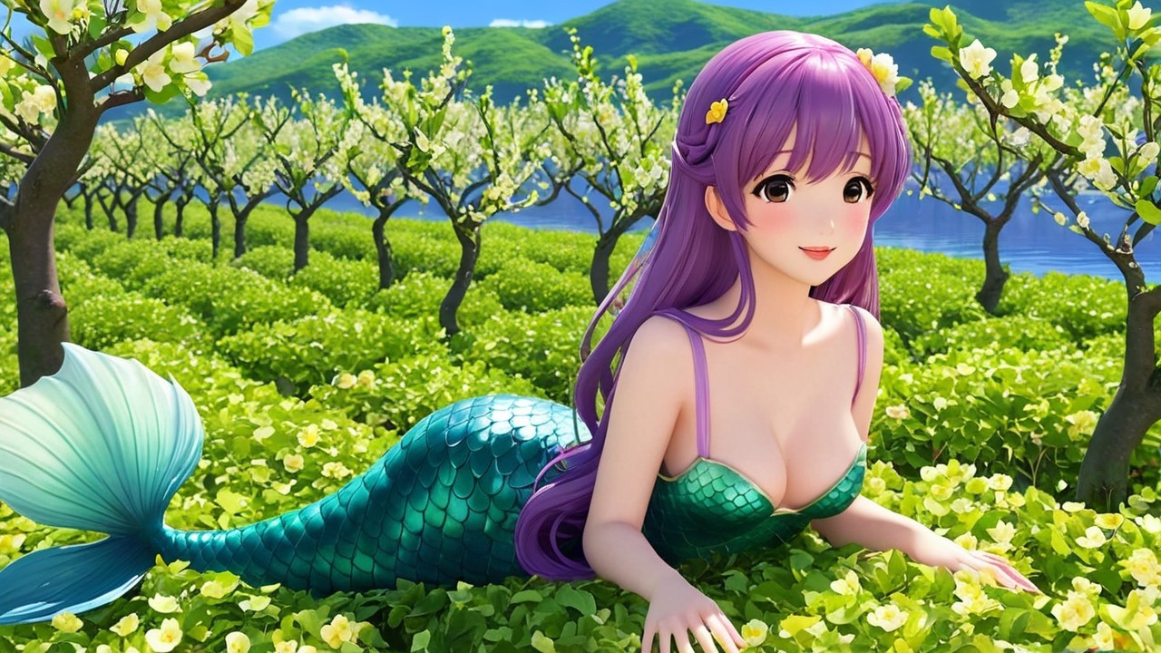 Mermaid in Vibrant Foliage by Serene Water Scene