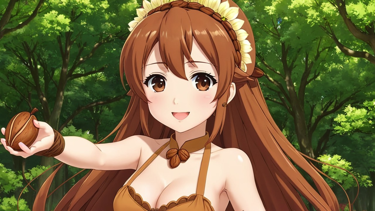Cheerful anime character in a lush green forest