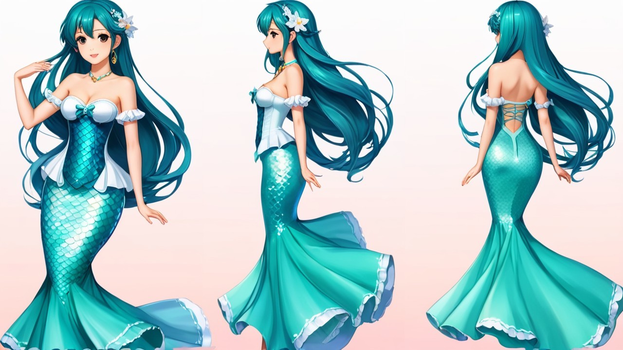 Whimsical Mermaid Character with Teal Hair and Tail
