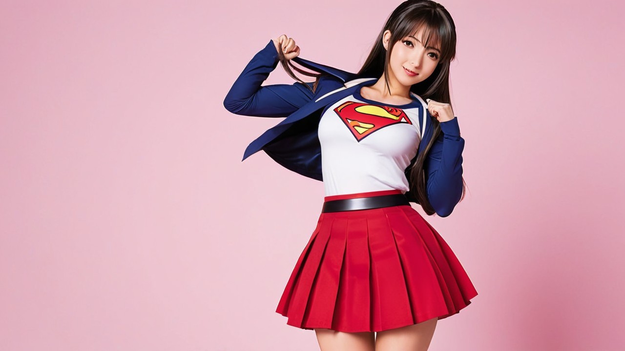 Young woman in playful superhero-themed outfit