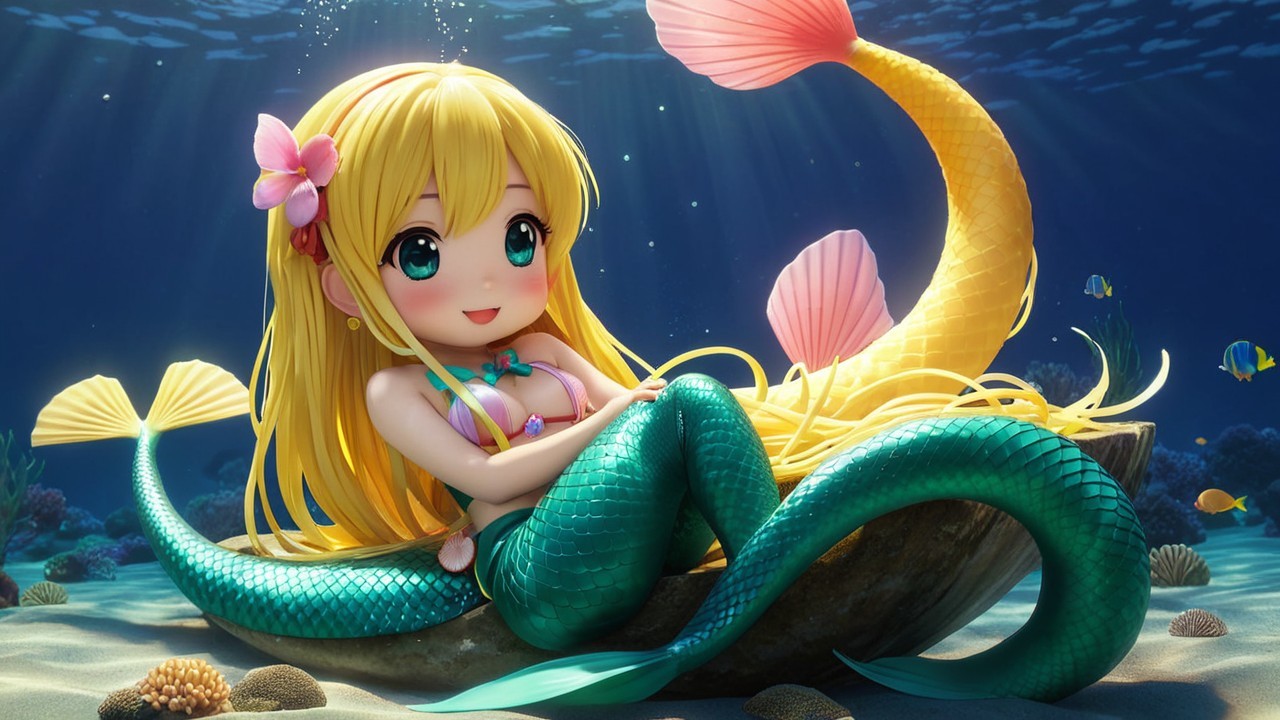 Animated Mermaid on Seashell in Underwater Scene