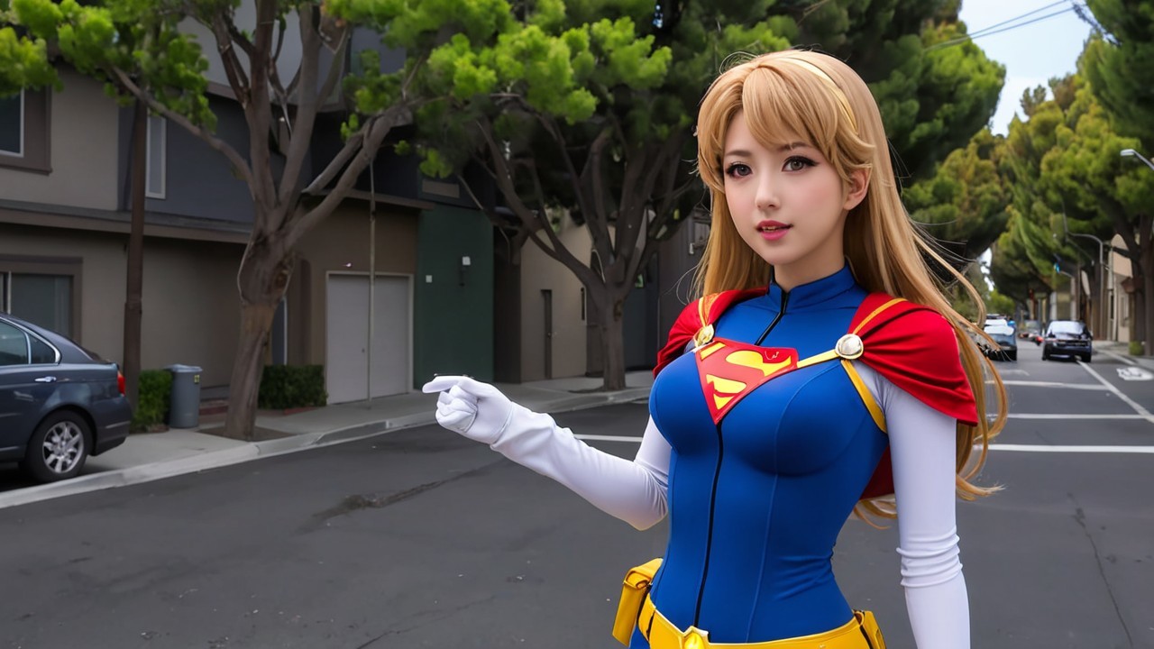 Young Woman in Superhero Costume on City Street