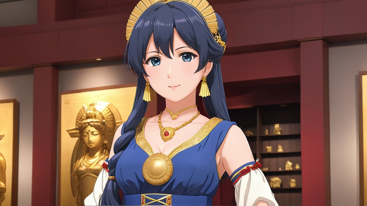 Animated Character in Blue Dress with Gold Accents