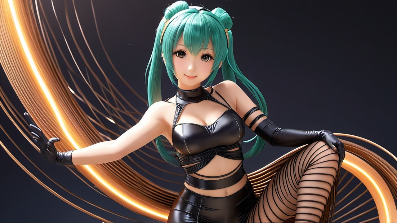 Character with Teal Hair in Black Outfit and Golden Background