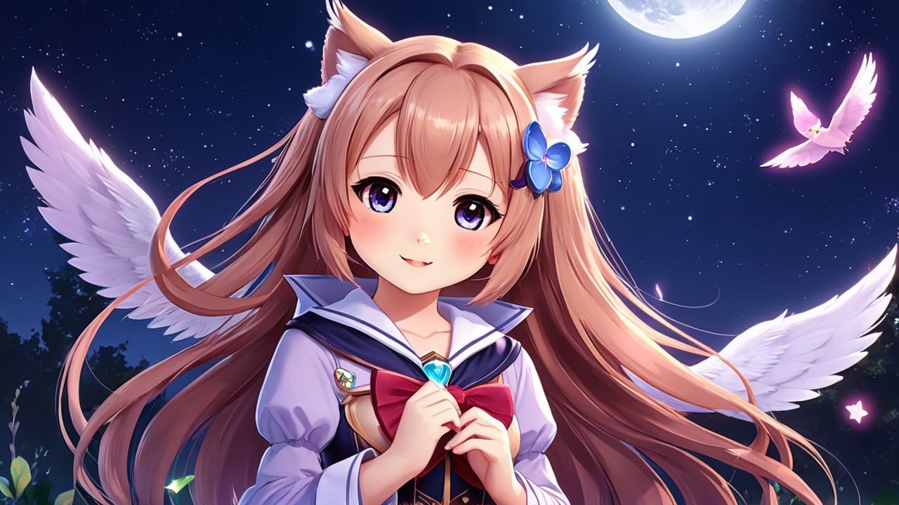 Cheerful anime girl with cat ears and angelic wings