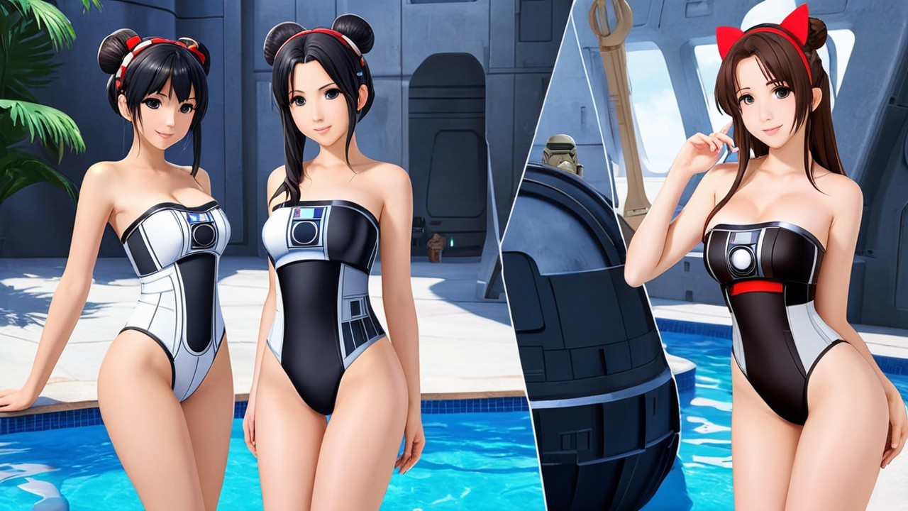 Futuristic Poolside Characters in Space-Themed Swimsuits