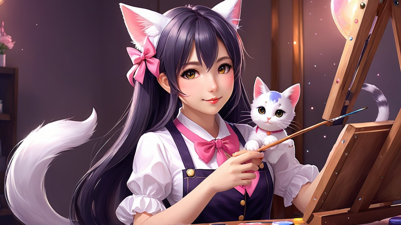 Young woman with cat ears in a cozy art studio