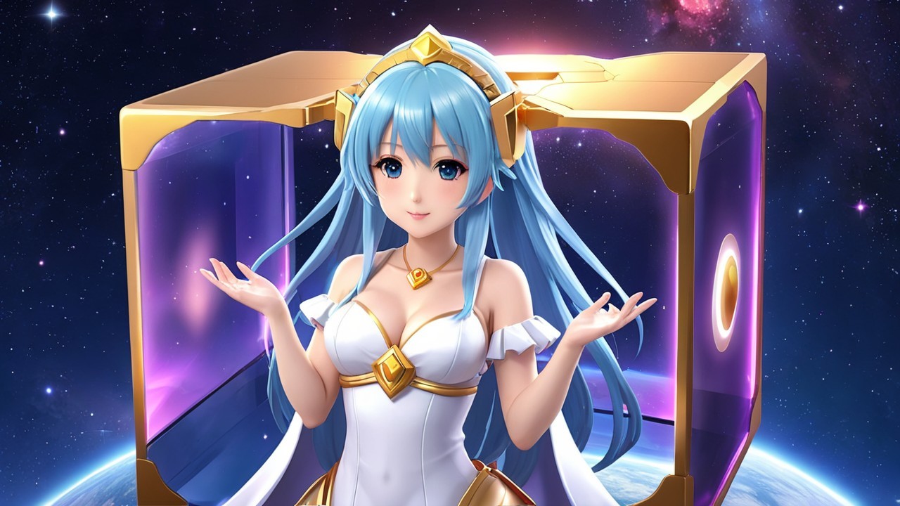 Anime character with blue hair in cosmic backdrop