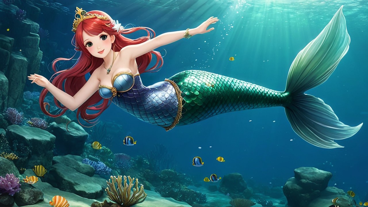 Mermaid with Red Hair in Vibrant Underwater Scene