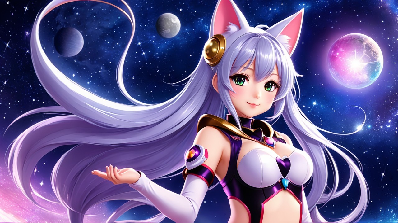 Futuristic anime character with silver hair in space