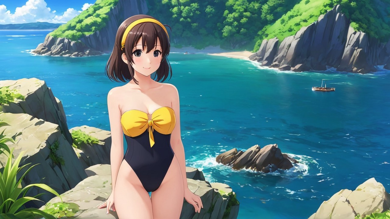 Cheerful girl in black swimsuit at rocky coastline