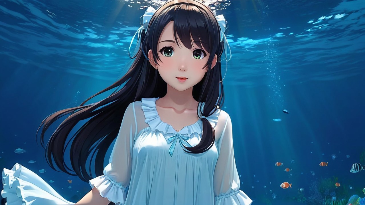 Underwater Scene with a Girl Surrounded by Fish