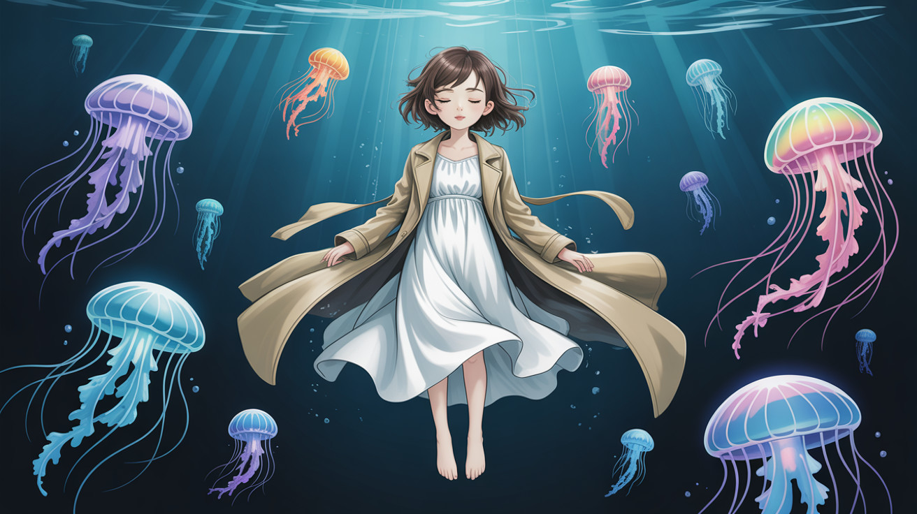 Solitary Woman Floating in Bioluminescent Waters