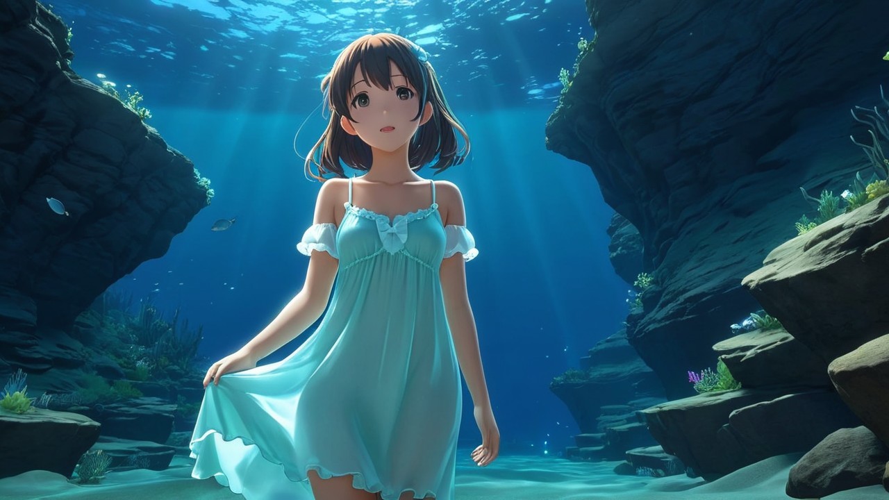 Underwater Scene with Young Woman in Blue Dress