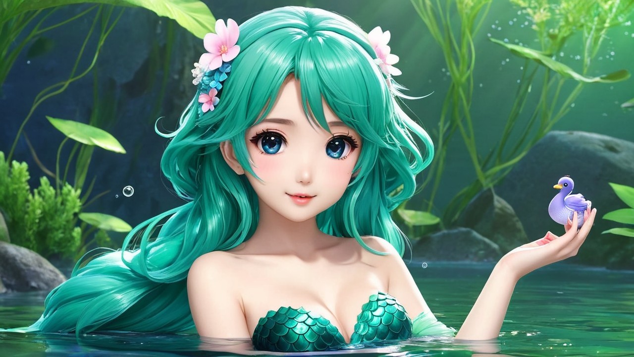 Enchanting Underwater Character with Teal Hair and Bird