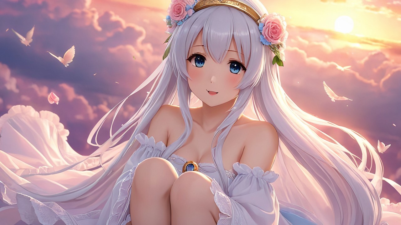 Ethereal girl in pastel clouds at sunset scene