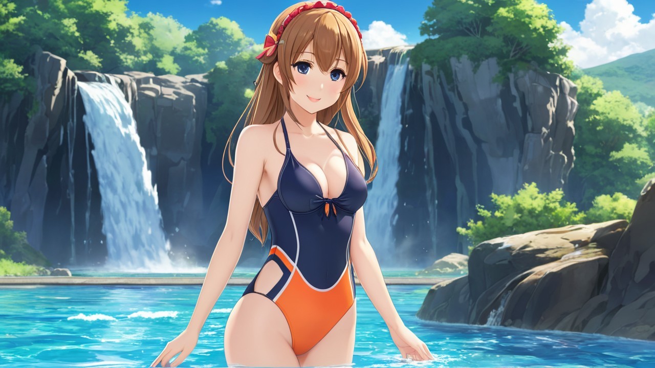 Young woman in swimsuit by serene waterfall pool