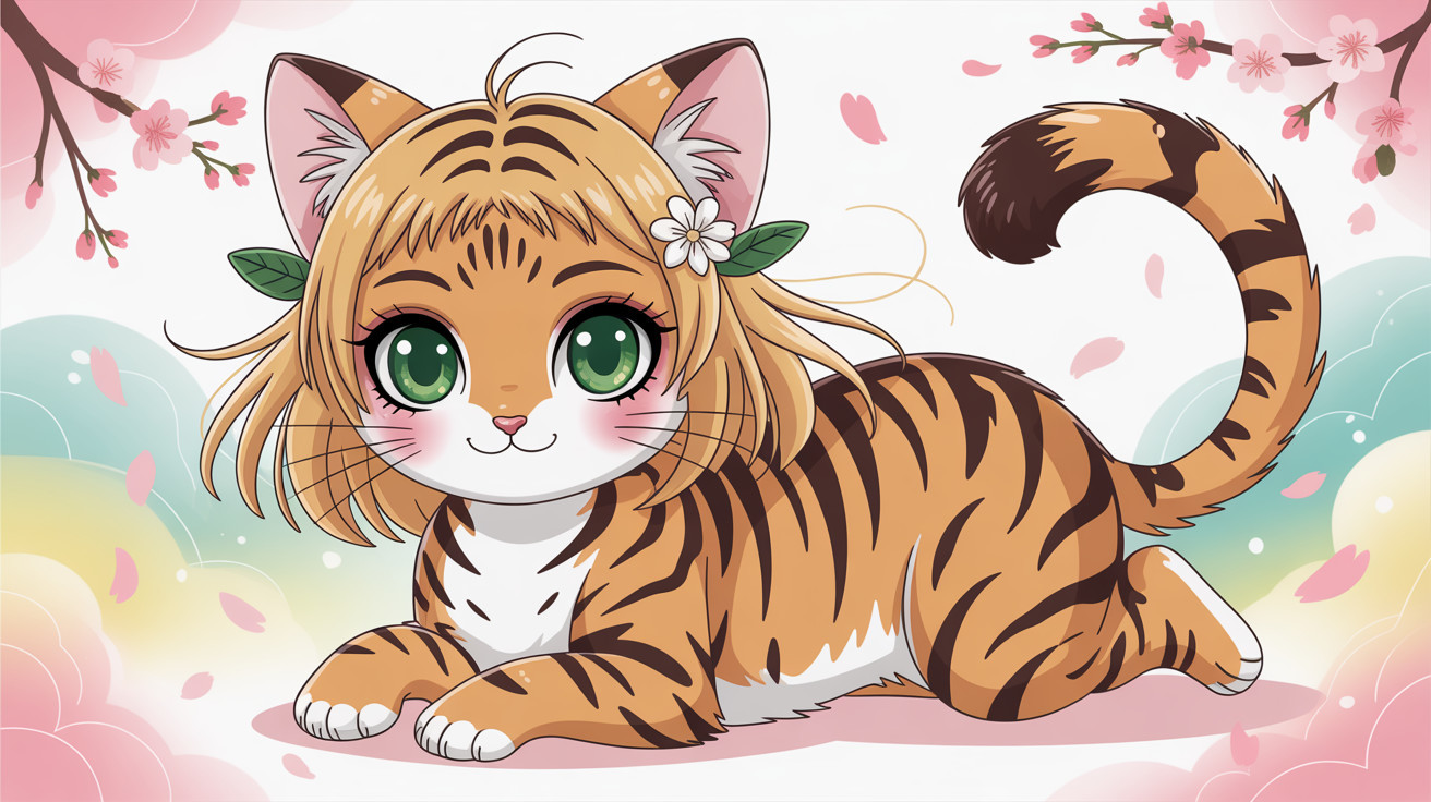 Chibi Tiger Kitten on Pastel Cloud Background