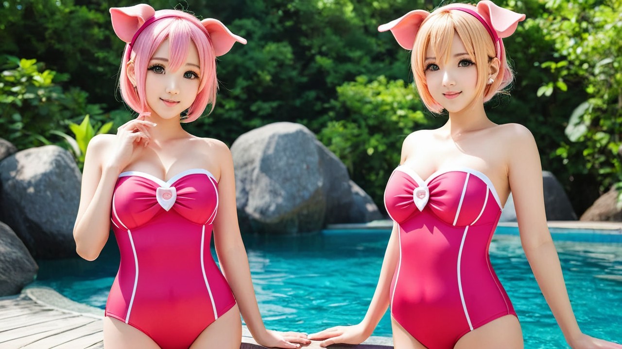 Young women in pink swimsuits by a blue pool