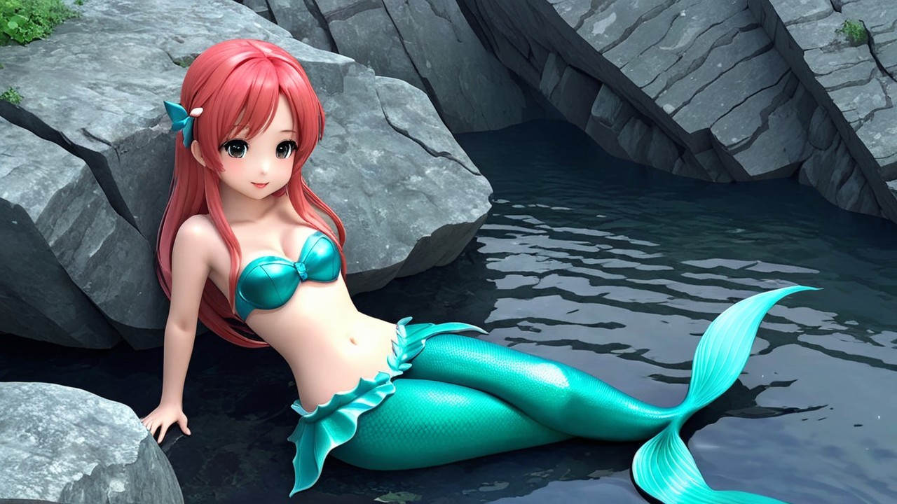 Vibrant Mermaid by Serene Pool in Enchanted Setting