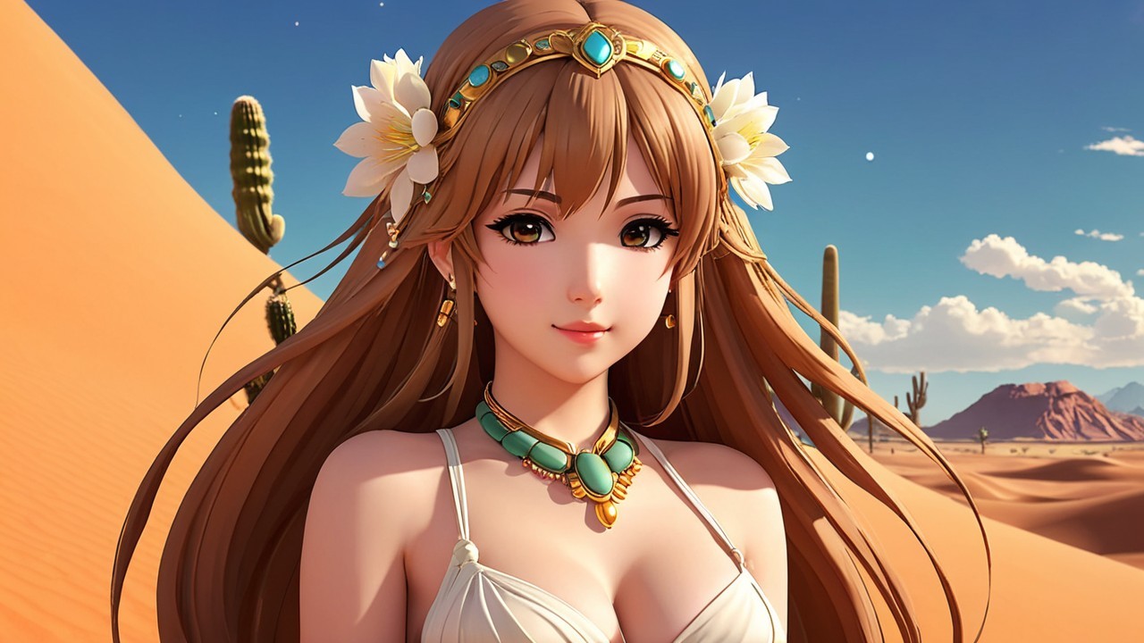 Character in Sunlit Desert with Flowers and Turquoise
