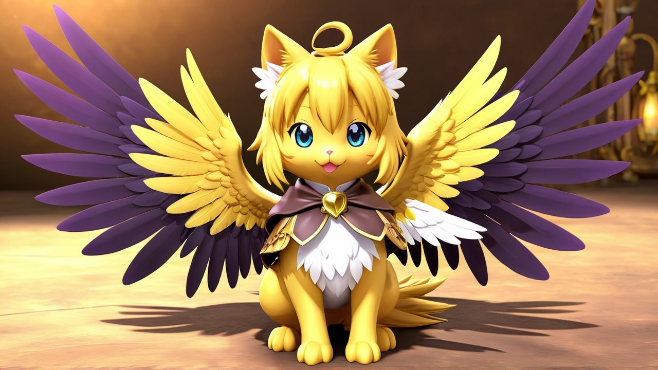 Whimsical Winged Cat with Yellow Fur and Accessories