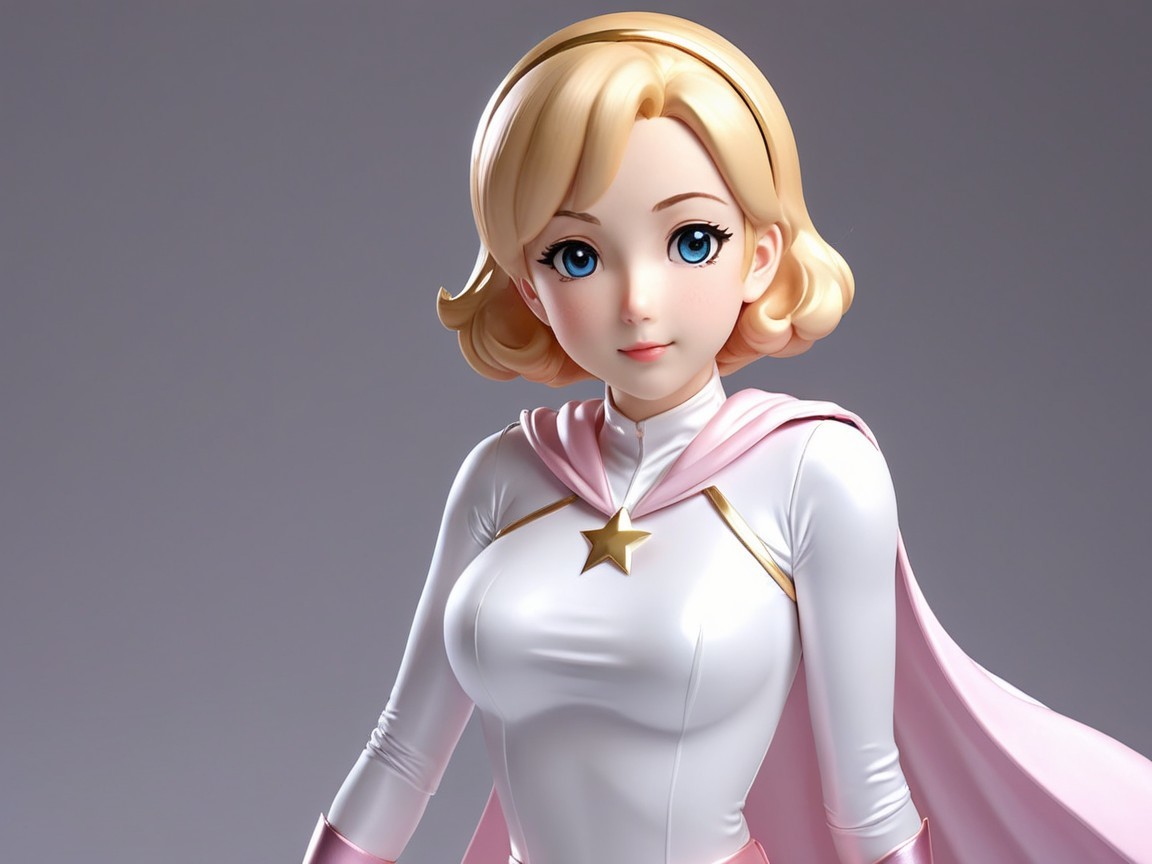 Stylized female character in white costume with cape