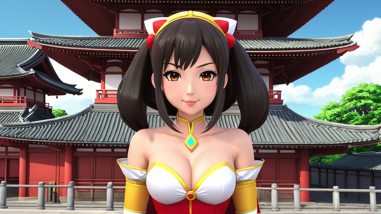 Cheerful Female Character in Traditional Asian Setting