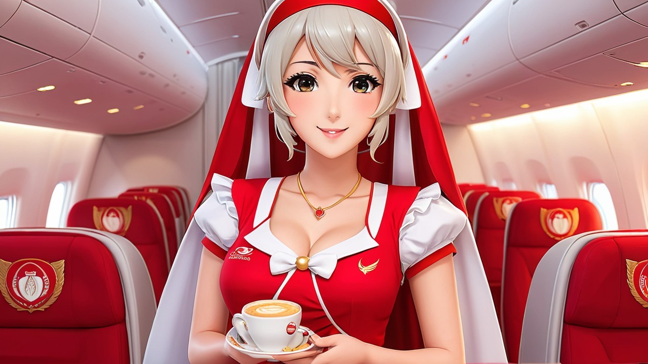 Anime Flight Attendant in Colorful Airplane Interior