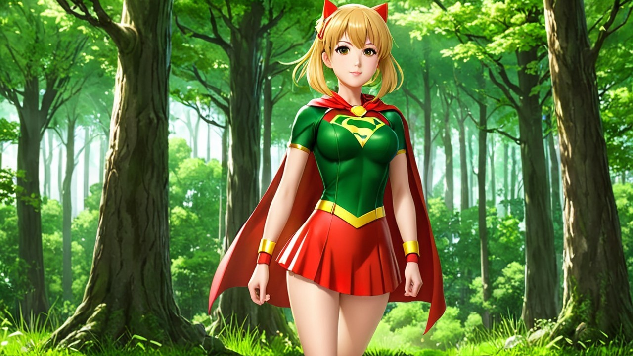 Female superhero in vibrant green forest setting