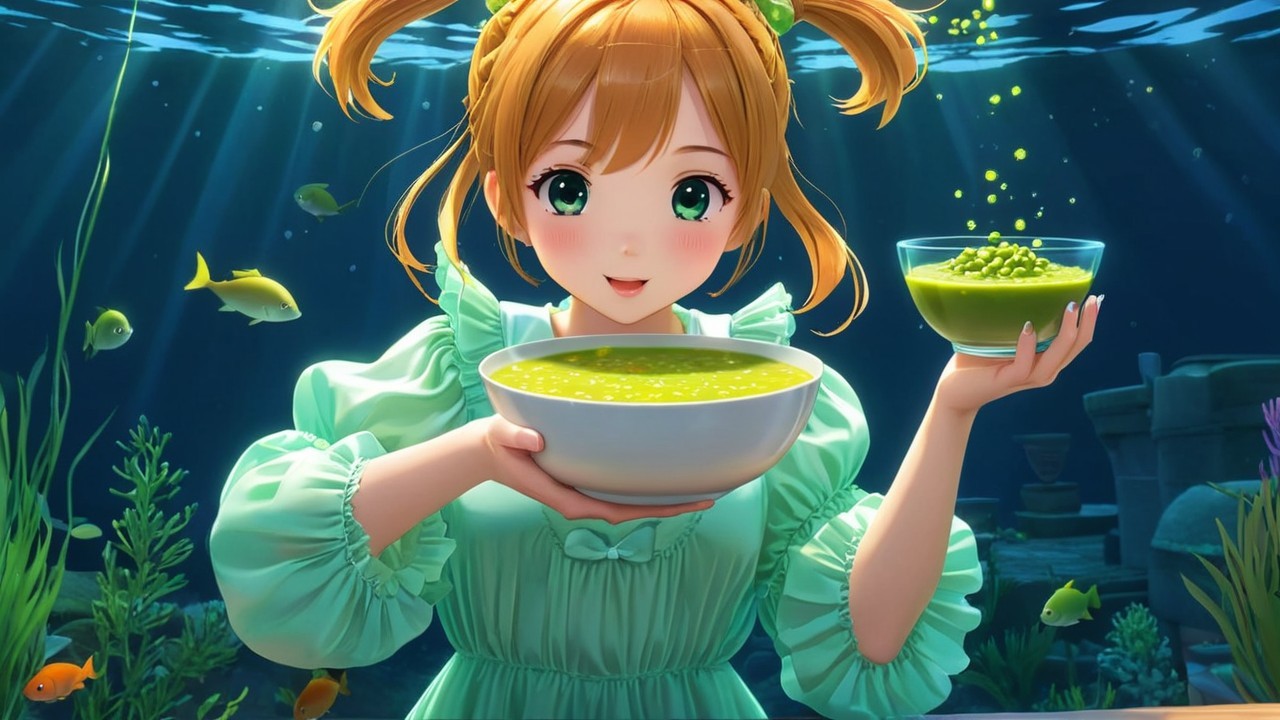 Cheerful girl underwater with green soup and fish