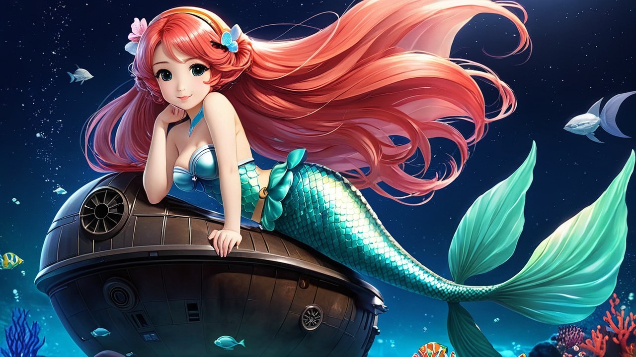 Colorful Underwater Scene with Mermaid and Submarine