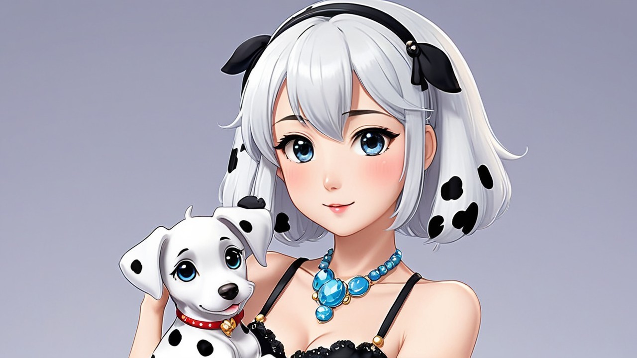 Young Woman with Silver Hair and Dalmatian Puppy