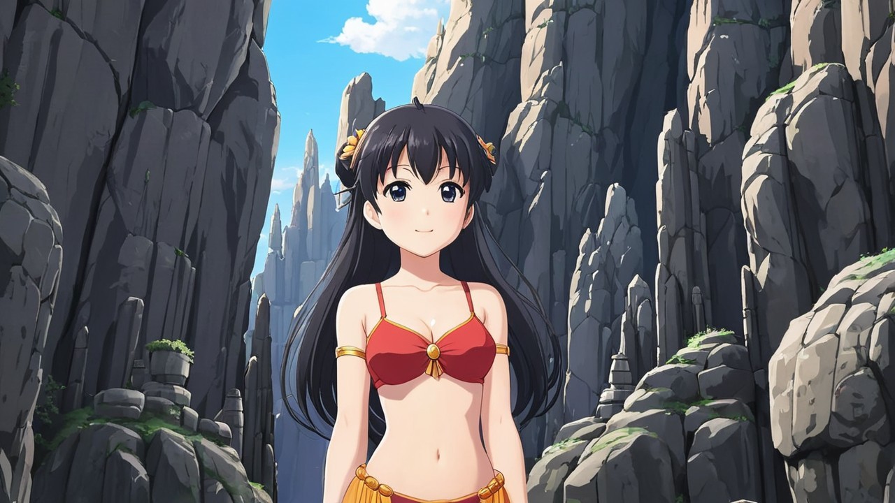 Young Girl in Red Bikini Among Towering Cliffs