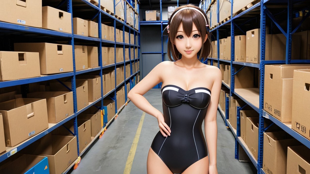Young Woman in Black Swimsuit in Warehouse Aisle