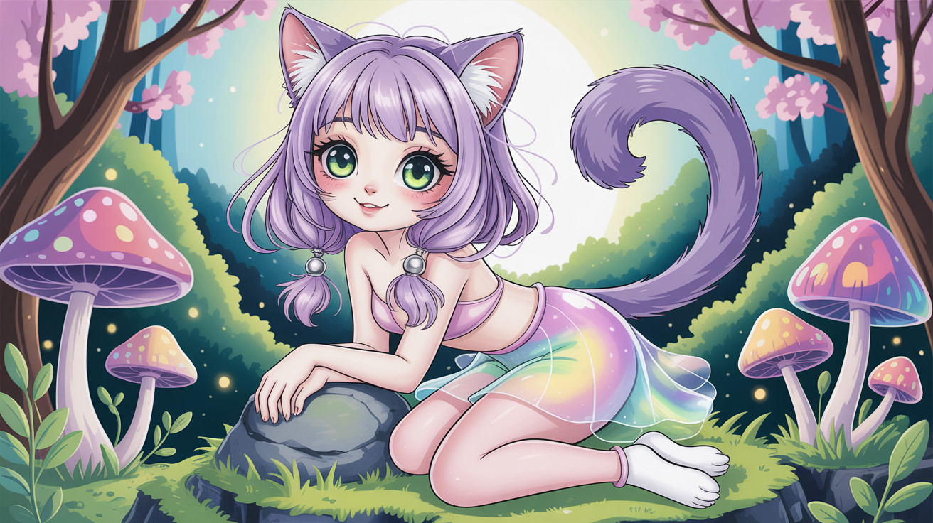 Anime Cat Girl in Fantasy Forest Setting