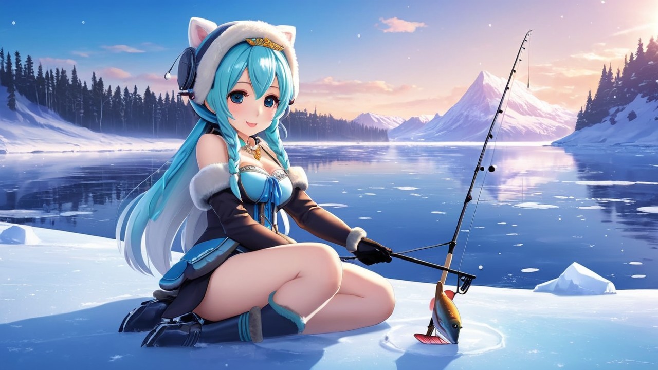 Anime girl with turquoise hair fishing in winter scene