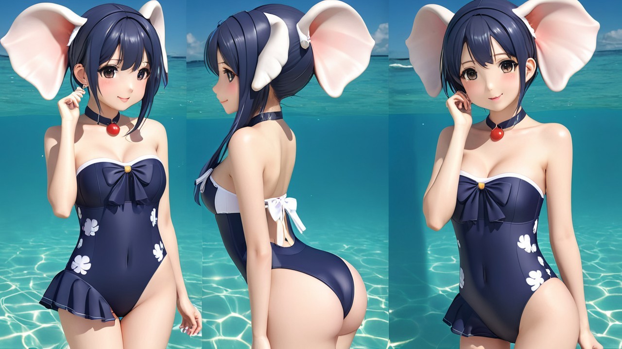Stylized Character in Floral Swimsuit by Ocean