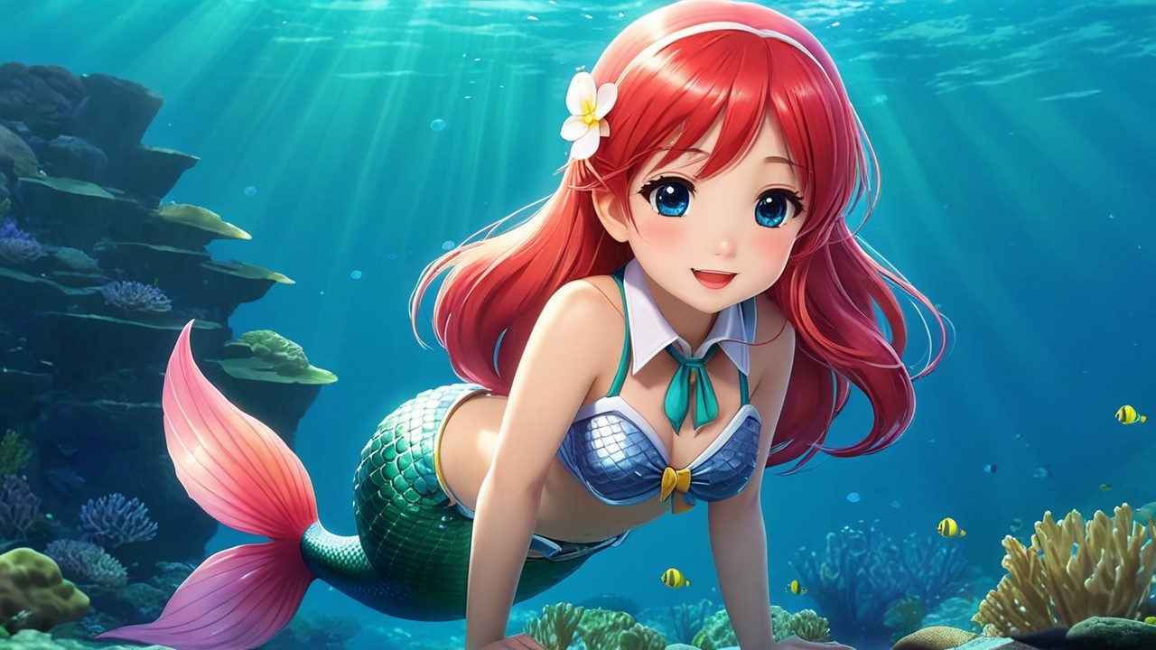 Vibrant Underwater Scene with Cheerful Mermaid